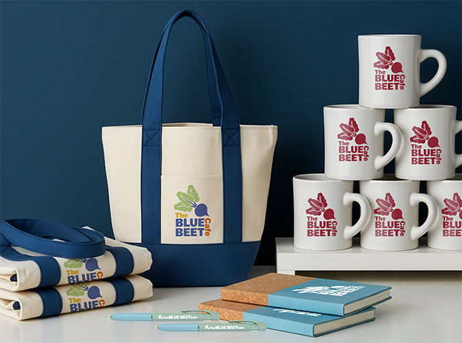 Quality promo items like bags, mugs, and notebooks
